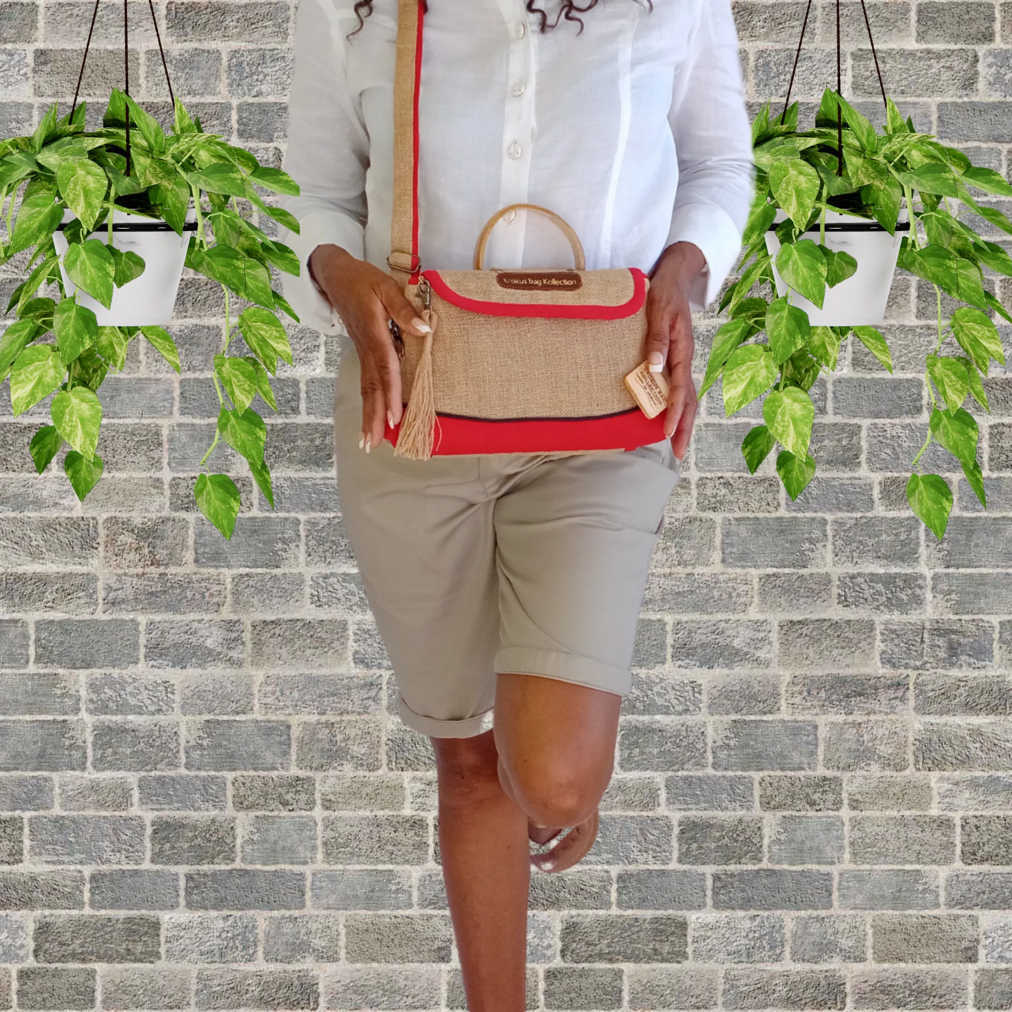 Tote Set, Bright Red Linen Trim