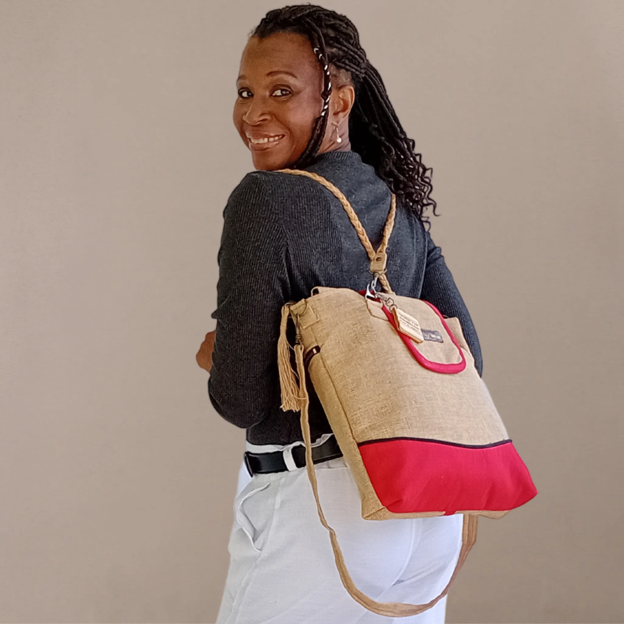Tote Set, Bright Red Linen Trim