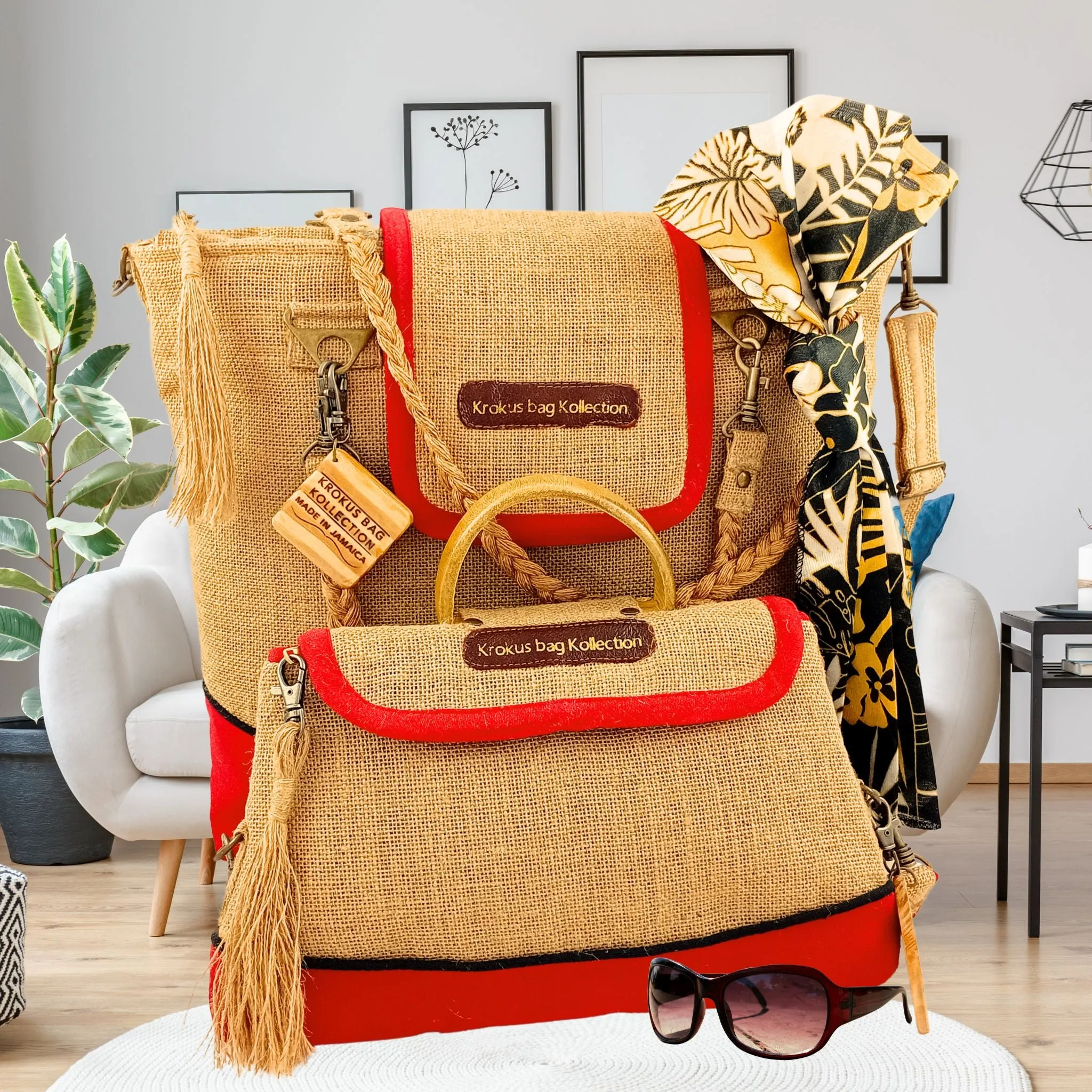 Tote Set, Bright Red Linen Trim