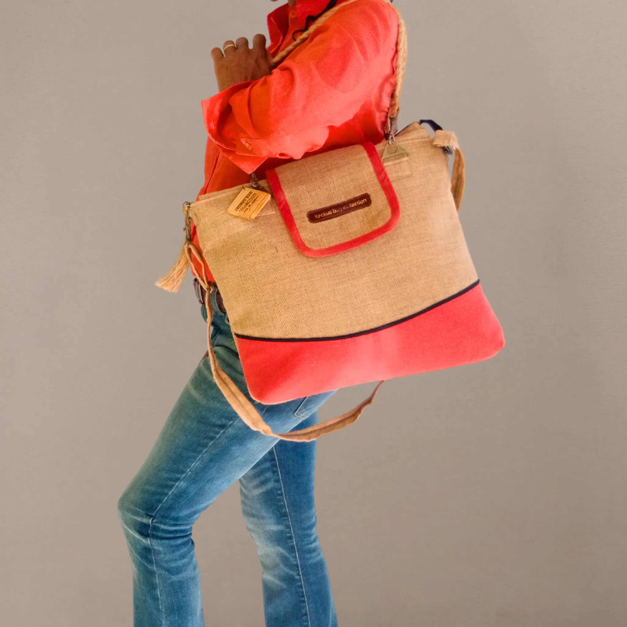 Tote Set, Burnt Orange Linen Trim