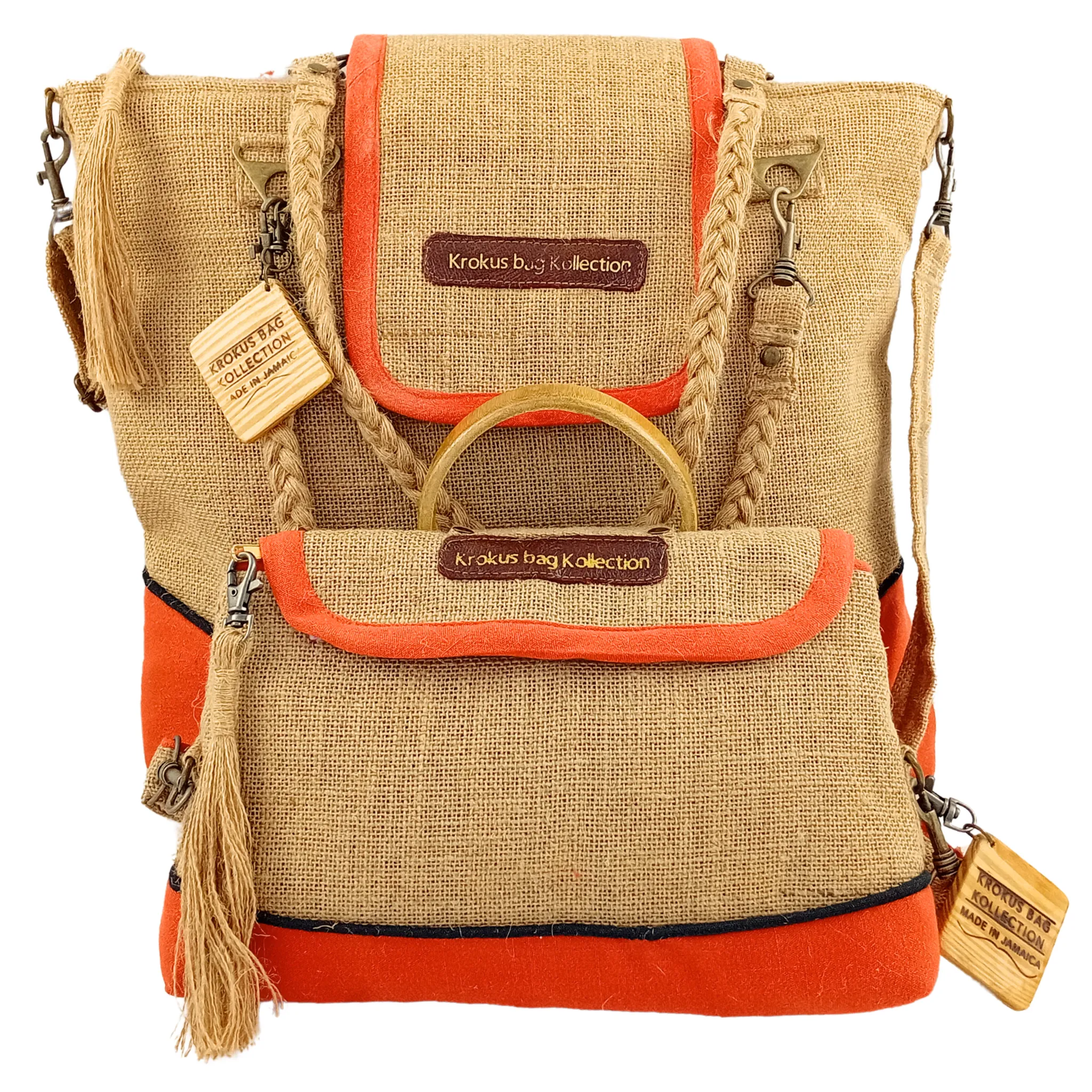 Tote Set, Burnt Orange Linen Trim