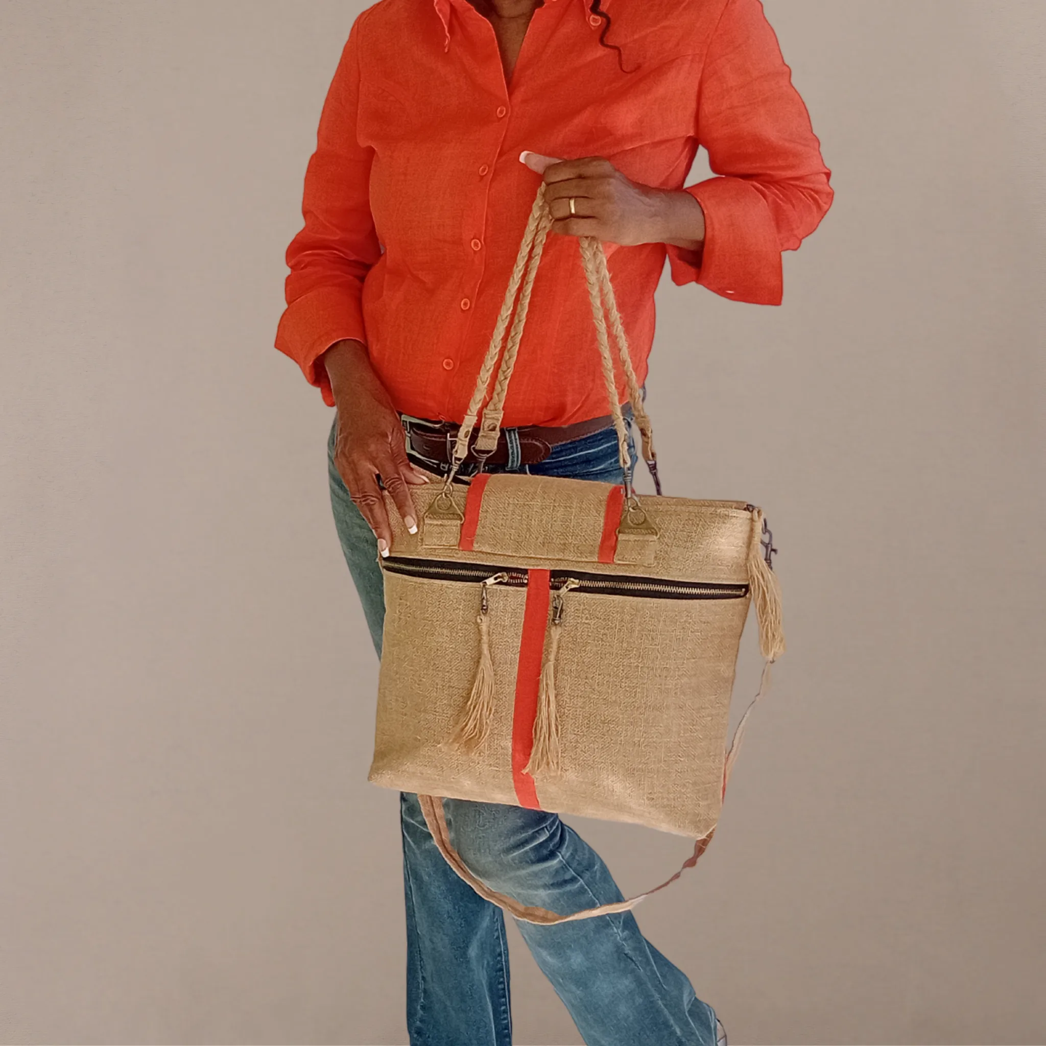 Tote Set, Burnt Orange Linen Trim