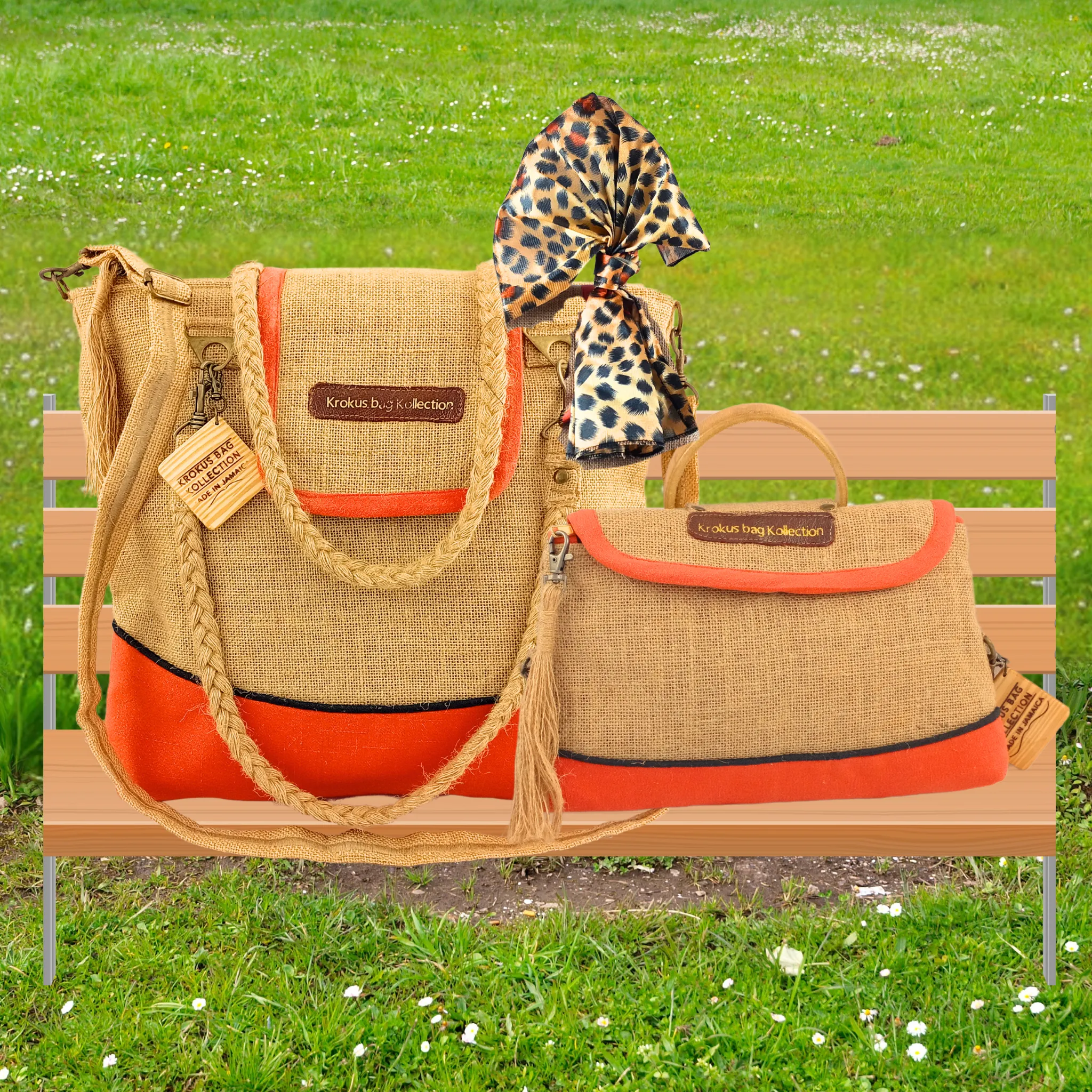 Tote Set, Burnt Orange Linen Trim