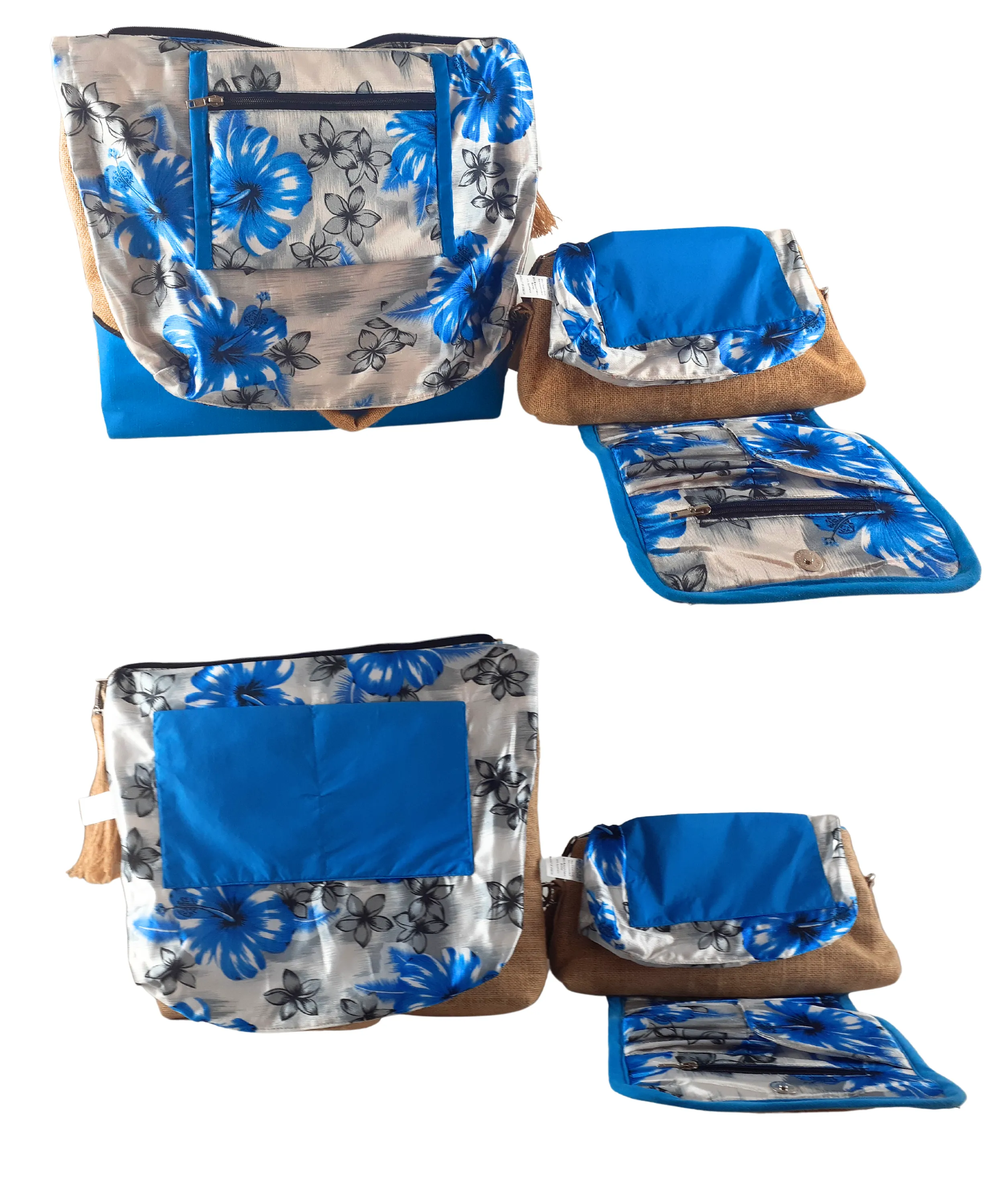 Tote Set, Ocean Blue Linen Trim