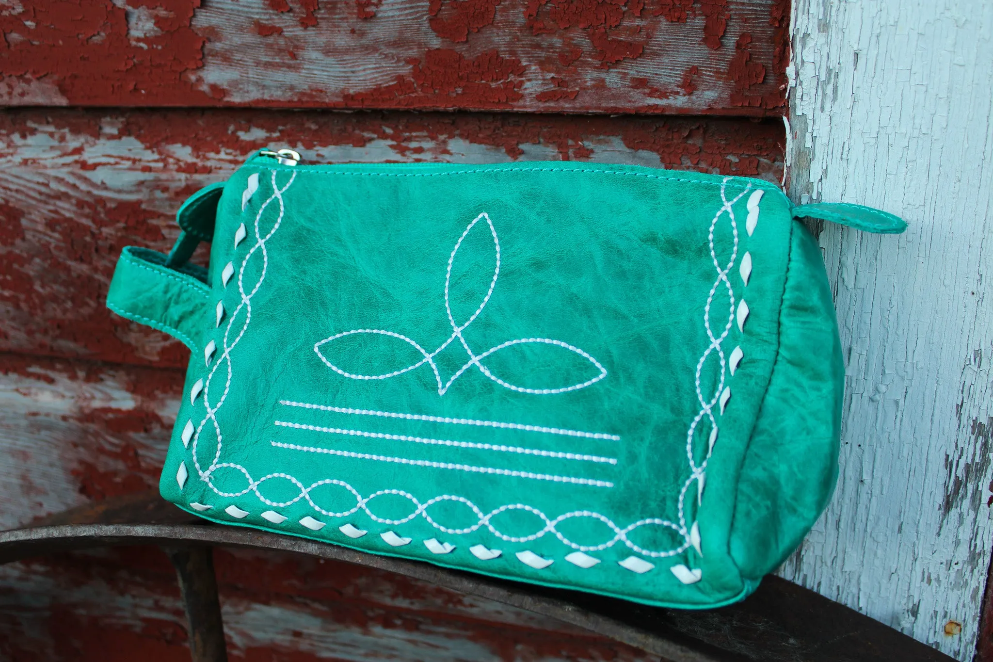 Turquoise Boot Stitch Leather Toiletry Bag