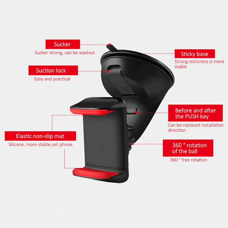Universal Automobile Dashboard Windshield Navigation Support Car Suction Cup 360 degree Rotatable Detachable Vehicle Bracket Phone Holder for 3.5-6.0 inch Cellphone Red black