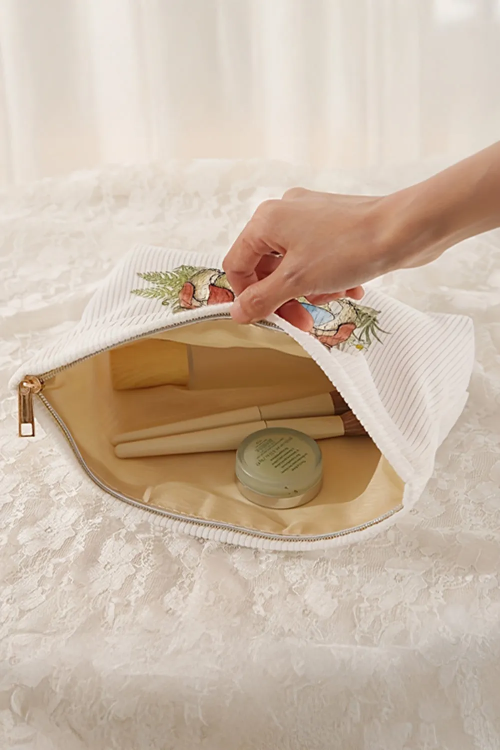 White Easter Rabbits Print Textured Zipper Cosmetic Bag